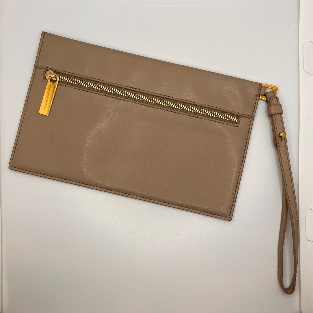 Stella McCartney Tan Vegan Leather Zippered Pouch Wristlet Bag Mini Small 8” Vtg